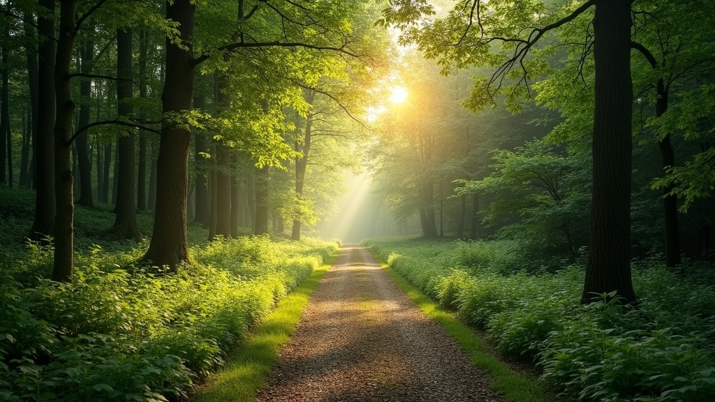A calm and peaceful nature scene, such as a winding forest path with sunlight shining through the trees, symbolizing tranquility and personal space