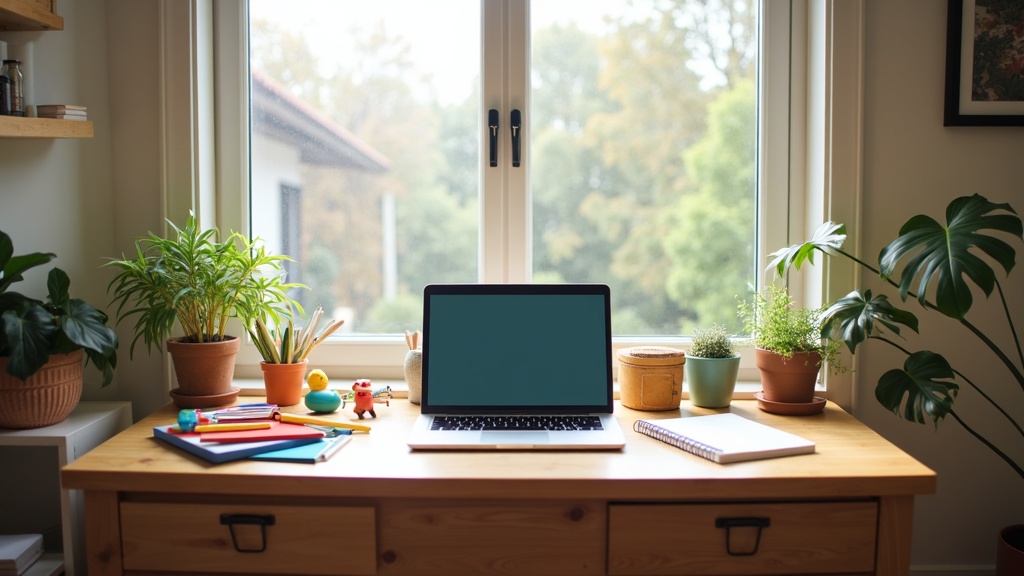 A cozy home workspace with a laptop, plants, and toys, symbolizing remote work and parenting