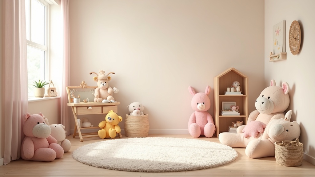 An illustration of children's toys and a small stuffed animal resting on a soft rug in a warm, softly lit room. No people or text visible.