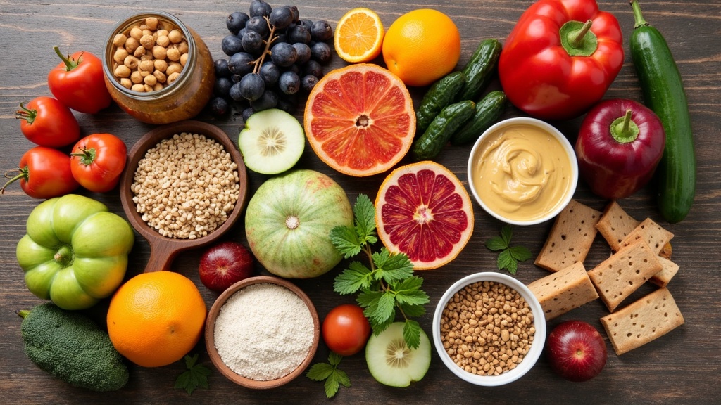Colorful array of allergy-friendly foods such as fruits, vegetables, grains, and nut-free spreads on a wooden table.