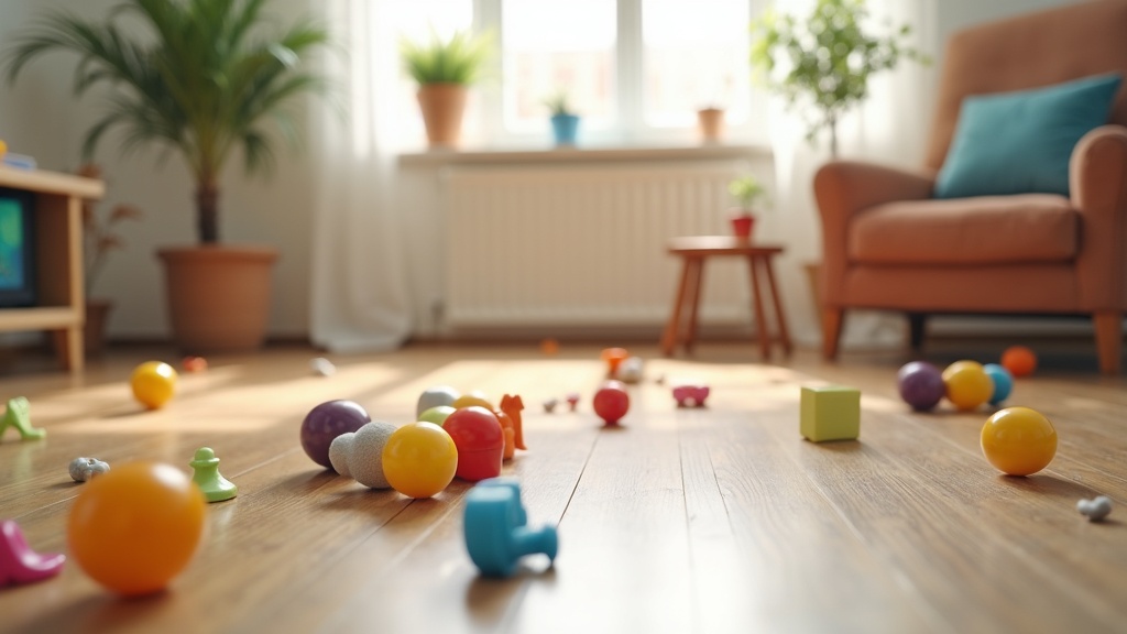 Colorful scattered toys on a living room floor, soft daylight, and cozy home background.