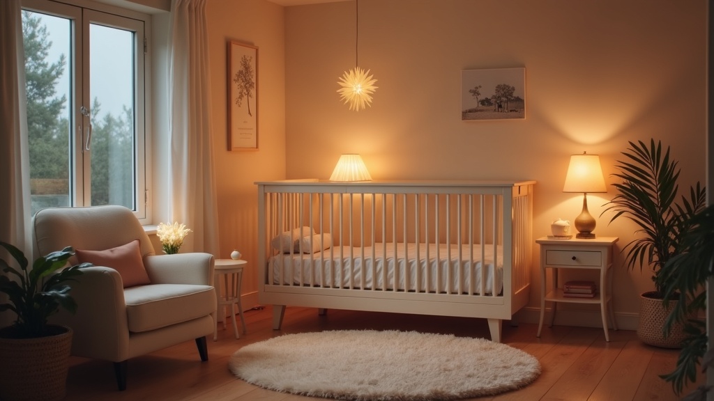 Cozy baby nursery with dim lighting and sleep essentials